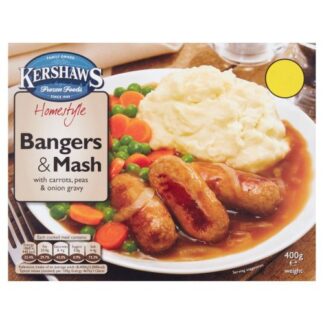 Kershaws Homestyle Bangers and Mash with Carrots, Peas and Onion Gravy 400g